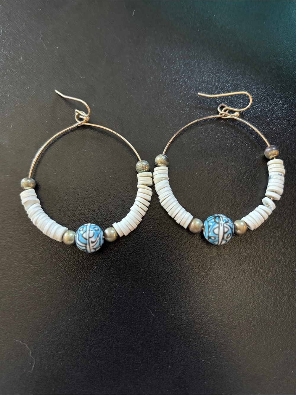 White and Turquoise Beaded Hoop Earrings